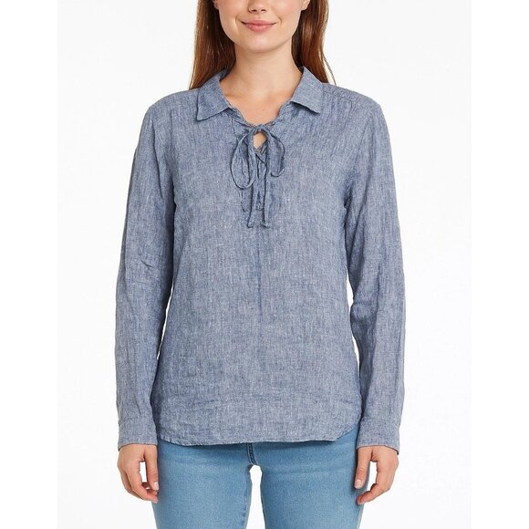 Allen Allen Women 100% Linen Shirt Lace Up Long Sleeves Blue S Boho Hippie - Picture 1 of 8